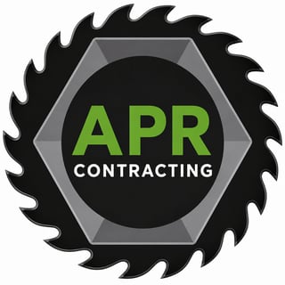 APR Contracting logo with green text on black circle inside hexagon with black saw blade border